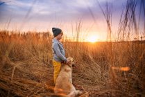 Мальчик, стоящий в поле со своей золотой собакой-ретривером, США — стоковое фото