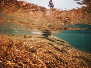 Vista submarina de un niño de pie sobre una roca en el lago Superior, Estados Unidos - foto de stock