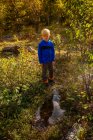Boy standing in the forest looking at his reflection in a puddle of water, Lake Superior State Forest, Estados Unidos — Fotografia de Stock