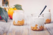Drei natürliche Joghurt-, Orangen- und Chia-Desserts — Stockfoto