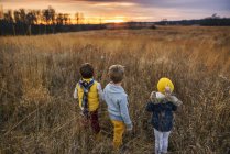 Três crianças em pé em um campo ao pôr-do-sol, Estados Unidos — Fotografia de Stock