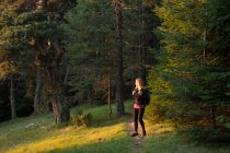 Mulher caminhando na paisagem da floresta iluminada pelo sol, Bulgária — Fotografia de Stock
