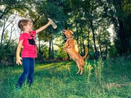 Menina de pé em um parque brincando com seu dachshund, Itália — Fotografia de Stock