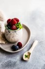 Чіа пудинг зі свіжими ягодами та м'ятою на білому тлі. здоровий сніданок . — стокове фото