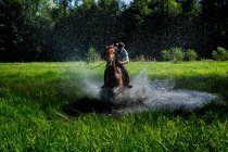Hombre montando un caballo a través del paisaje anegado, Polonia - foto de stock