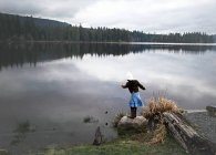 Девушка бросает камни в озеро, штат Вашингтон, США — стоковое фото