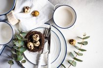 Establecimiento de mesa de Pascua con huevos de Pascua en un nido de aves y tallos de eucalipto - foto de stock