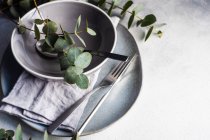 Ceramic plates place setting with eucalyptus stems — Stock Photo