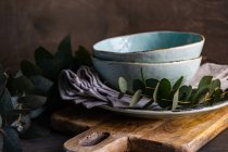 Empilement de assiettes et bols en céramique avec tiges d'eucalyptus — Photo de stock