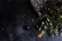 Эвкалиптовые стебли с подарочными бирками, веревками и ножницами — стоковое фото