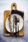 Overhead view of an Easter place setting with pussy willow branches — Stock Photo