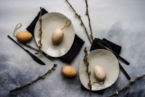 Два параметри великодніх місць з великодніми яйцями і гілками верби кицьки — стокове фото