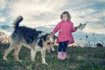Chica caminando en el paisaje rural con su perro, Polonia - foto de stock