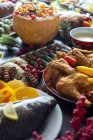 Served traditional festive georgian table for New Year eve with set of dishes — Stock Photo