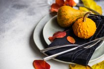 Autumnal place setting with autumn leaves and pumpkin decorations — Stock Photo