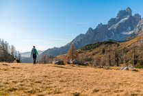Frau wandert im Herbst auf Wanderweg in alpiner Landschaft, Filzmoos, Salzburg, Österreich — Stockfoto
