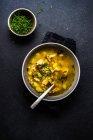 Healthy chicken soup in a bowl with fresh dill herb served in a table — Stock Photo