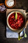 Traditional ukrainian beetroot soup Red Borscht served in a bowl on rustic table — Stock Photo