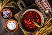 Traditionelle ukrainische Rote-Bete-Suppe Red Borscht serviert in einer Schüssel auf rustikalem Tisch — Stockfoto