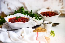 Традиційний українець суп з жука Червоний Боршт подається в мисці на сільському столі. — стокове фото