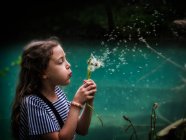 Girl blowing dandelion clocks — Stock Photo