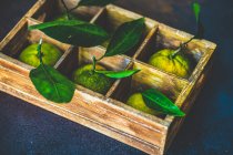 Frische Bio-Mandarinenfrüchte in einer Schachtel auf rustikalem Hintergrund — Stockfoto