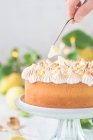 Woman decorating a Lemon curd and Meringue Cake on a cakestand — Stock Photo