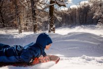 Мальчик катается на санках по снегу, США — стоковое фото
