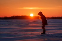 Silhouette d'une fille debout dans un champ neigeux au coucher du soleil, États-Unis — Photo de stock