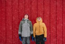 Deux enfants attrapant des flocons de neige dans la bouche, États-Unis — Photo de stock