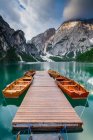 Boats moored on Lake Braies, South Tyrol, Italy — Stock Photo