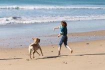 Ragazzo che gioca con un cane sulla spiaggia, Huelva, Andalusia, Spagna — Foto stock