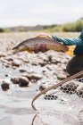 Mano che tiene una trota appena pescata, Stati Uniti — Foto stock