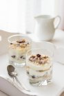 Домашний йогурт с медом, клюквой и грецкими орехами — стоковое фото