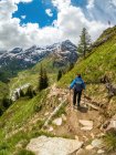 Mulher caminhando ao longo de uma trilha em Alpes austríacos perto de Gastein, Salzburgo, Áustria — Fotografia de Stock