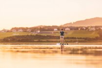 Jeune femme debout paddleboard au coucher du soleil, Lac Wallersee, Flachgau, Salzbourg, Autriche — Photo de stock