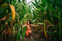 Девушка играет на кукурузном поле, США — стоковое фото