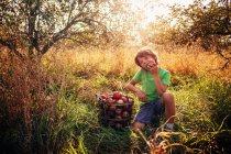 Хлопчик, який сидить у саду і їсть яблуко (США). — стокове фото