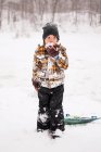 Retrato de um menino comendo neve, Wisconsin, EUA — Fotografia de Stock