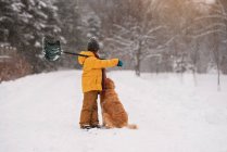 Хлопець з лопатою, що стоїть зі своїм собакою в снігу на довгій засніженій дорозі, штат Вісконсин, США. — стокове фото