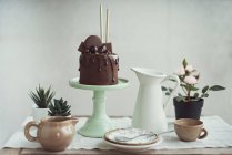 Schokoladenkuchen mit goldenen Kerzen auf einer Torte neben saftigen Pflanzen und Geschirr — Stockfoto
