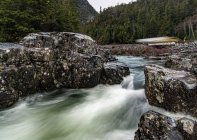 Longa exposição tiro de rio correndo através de uma paisagem rural com trem passando, Vancouver Island, British Columbia, Canadá — Fotografia de Stock