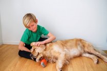 Мальчик, сидящий на полу и играющий с золотой собакой — стоковое фото