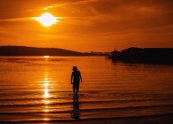 Silhouette of a boy walking in ocean at sunset, Bedford, Halifax, Nova Scotia, Canada — Stock Photo