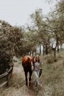 Chica caminando por el paisaje rural con su caballo, California, EE.UU. - foto de stock
