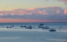 Avión volando sobre barcos de pesca anclados en el mar al amanecer, Malta - foto de stock