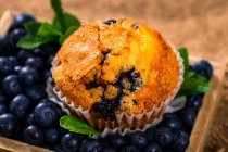 Hausgemachte Blaubeer-Muffins mit Blaubeeren und Minze auf Holzgrund — Stockfoto