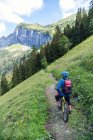 Visão traseira do homem em sua bicicleta de montanha olhando para a vista nos alpes suíços, Suíça — Fotografia de Stock