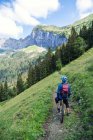 На своєму гірському велосипеді він дивиться на краєвид у швейцарських Альпах (Швейцарія). — стокове фото