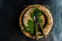Rustic table and place setting with fern leaves — Stock Photo